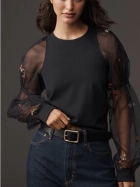 Anthropologie Maeve Embroidered Sheer Sleeve Black Floral Blouse Size XL New